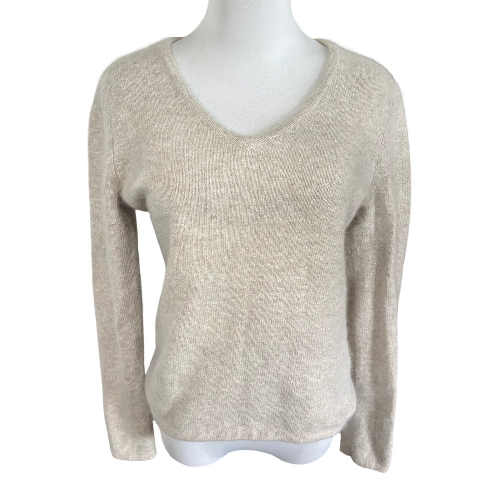 Vtg Carole Little VNeck Angora Lambswool Sweater Beige Heather Sz M Quiet Luxury